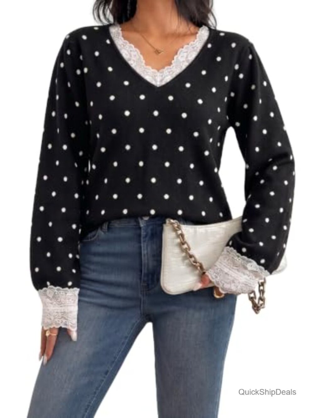 Lace Trim V Neck Knit Sweater Long Sleeve Elegant Pullover Top